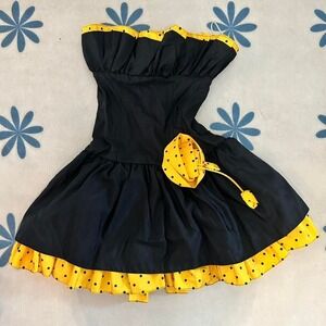 Vintage 80s Strapless Black Party Dress Yellow Polka Dot Rosette Prom Dress